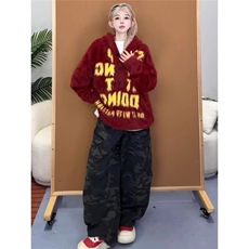 美式高街oversize毛绒字母连帽卫衣女秋冬加绒宽松百搭慵懒风外套，女装短外套，星座1210-1