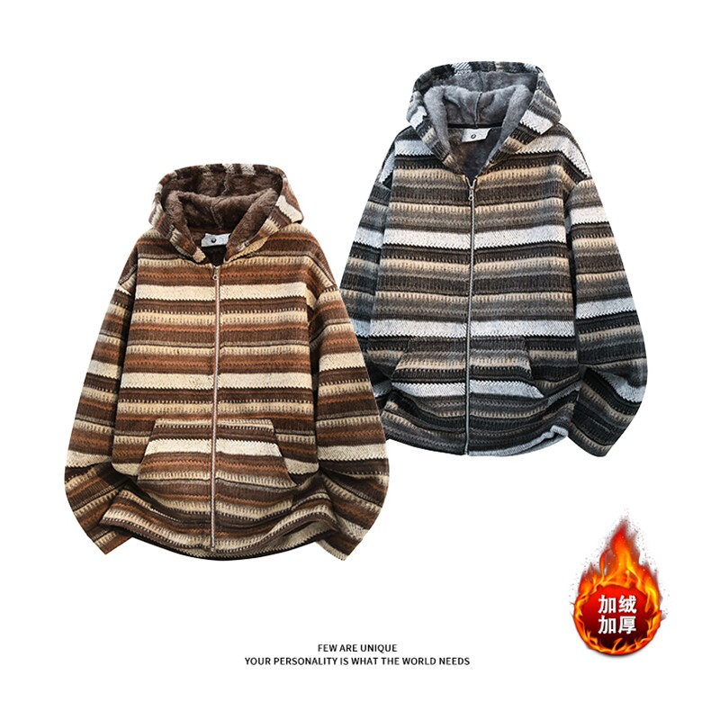冬季加绒条纹卫衣针织开衫复古条纹撞色外套5D1193-TP65118，女装短外套，电商A102