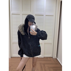 网图美式复古条纹毛领连帽卫衣外套女秋季休闲宽松开衫上衣特P79，女装短外套，电商C306-1