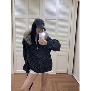网图 美式复古条纹毛领连帽卫衣外套女秋季休闲宽松开衫上衣特P79图片