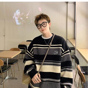 条纹撞色毛衣男士春秋圆领套头针织衫潮牌宽松日系复古男生图片