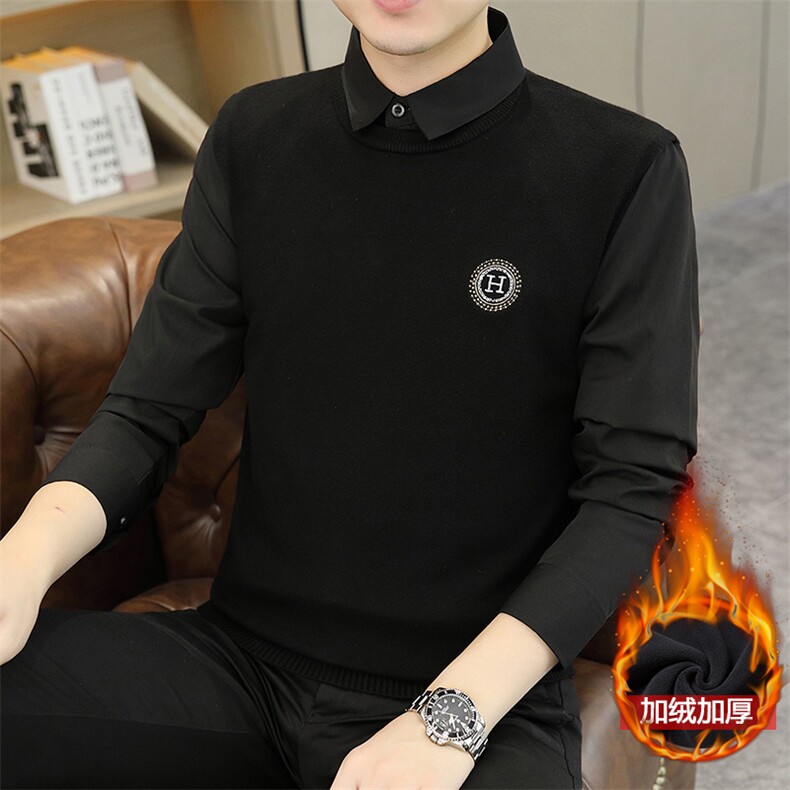 J601加绒-P75冬季新款加厚字母刺绣假两件男士打底衫,男装T恤,星座507A（原星座306B-2）
