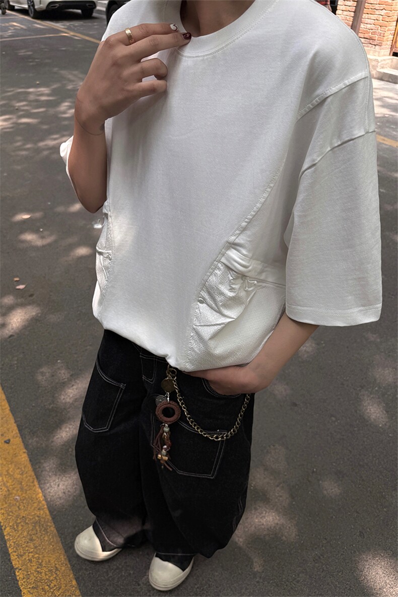 夏季2025年新款拼接口袋短袖T恤男女同款宽松美式oversize特P42,男装T恤,电商B319