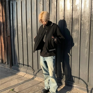 秋冬季宽松重磅美式男士痞帅简约高级感短款棒球服夹克时髦外套图片