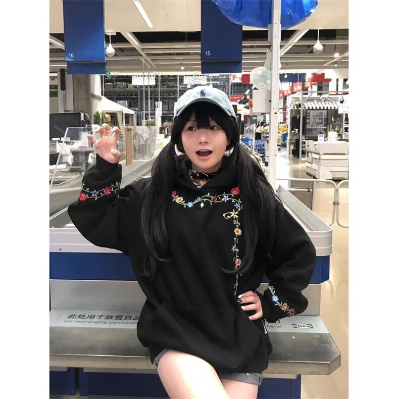 加绒款花卉刺绣连帽卫衣男女2025秋冬宽松上衣外套潮WYR1503图片