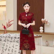 真丝花罗香云纱旗袍连衣裙2025夏季新款高端喜妈妈礼服桑蚕旗袍，女装汉服/婚纱/旗袍/礼服，小荷流
