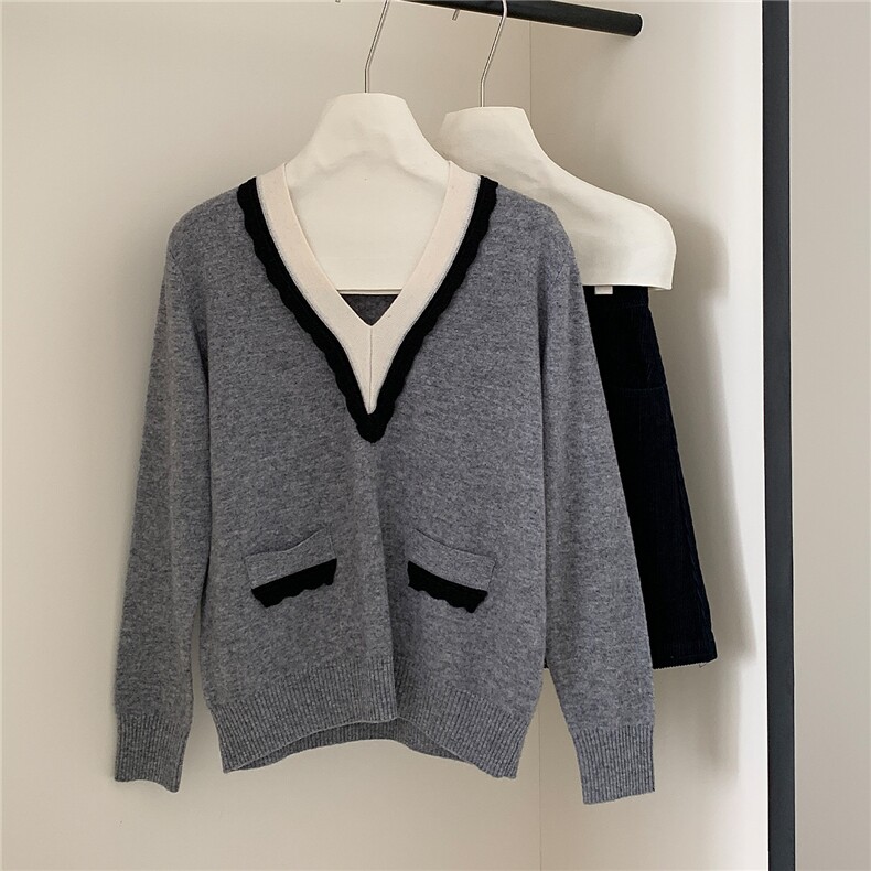 2025年秋季V领长袖单件套头撞色舒适宽松休闲，女装针织衫/毛衣，伊绒腾羊绒