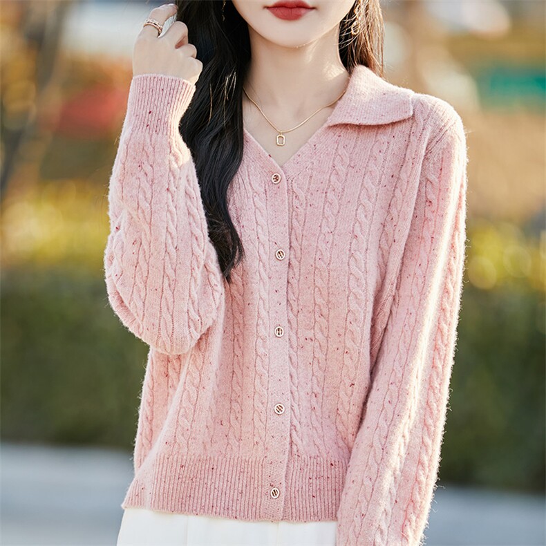 春秋100%纯羊毛开衫女翻领扭花点子纱亮丝外套宽松羊绒衫外搭毛衣,女装羊毛衫,哲奥羊绒