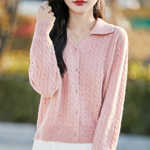 春秋100%纯羊毛开衫女翻领扭花点子纱亮丝外套宽松羊绒衫外搭毛衣图片