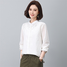 绣花长袖衬衫女2023秋装新款立领镂空棉衬衣修身显瘦气质，女装大码女装，奕阳依阁