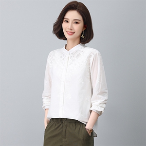 绣花长袖衬衫女2023秋装新款立领镂空棉衬衣修身显瘦气质图片