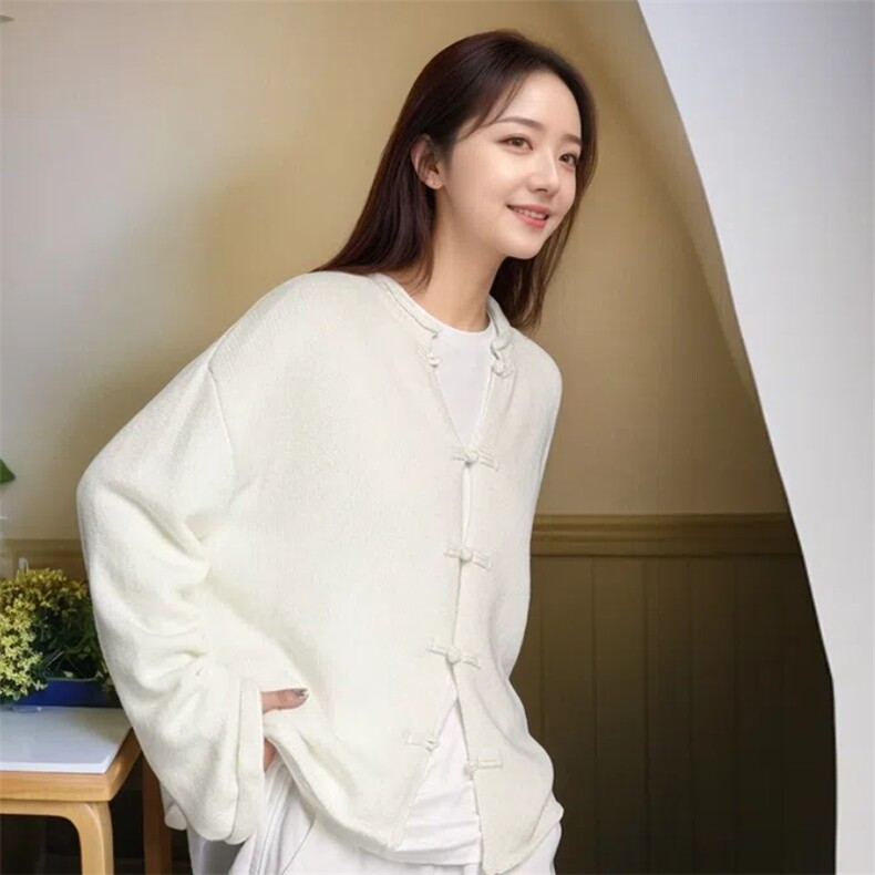 秋冬季百搭圆领盘扣落肩袖复古时尚羊毛开衫，女装羊毛衫，美雪羊绒