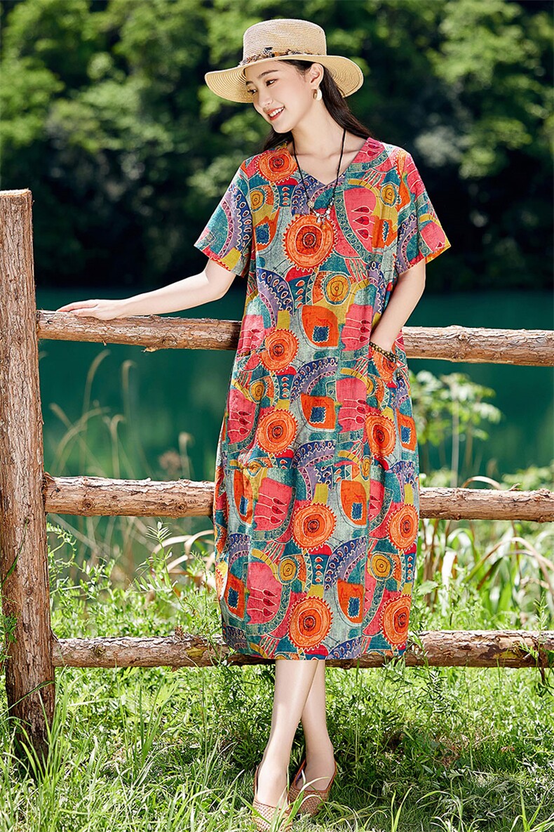 高端复古宽松休闲印花连衣裙女夏2025新款气质棉麻风遮肚显瘦裙子,女装连衣裙,倪叶myz