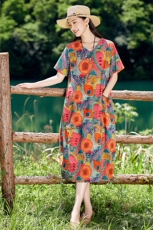 高端复古宽松休闲印花连衣裙女夏2025新款气质棉麻风遮肚显瘦裙子，女装连衣裙，倪叶myz