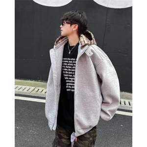格子假两件连帽棉衣男女秋冬加棉设计感宽松休闲毛呢外套 W9341图片