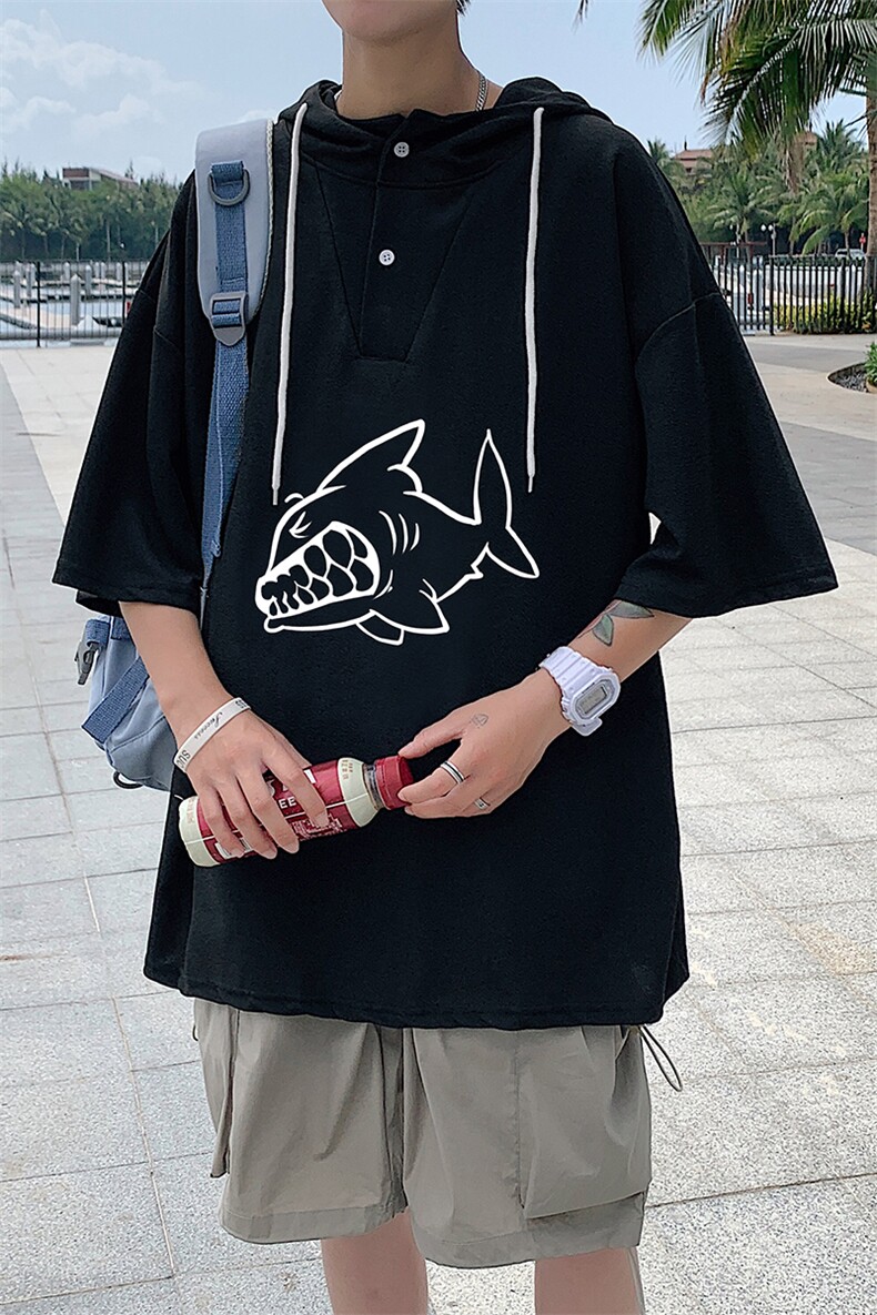 LD54041-P45连帽短袖t恤男大码胖子带帽五分袖中袖,男装T恤,电商A040