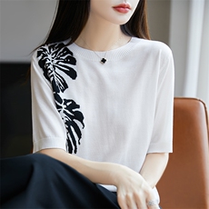 莱赛尔天丝~高级感穿搭树叶提花气质女士短袖圆领慵懒风T恤衫，女装T恤，尚雪电商供货