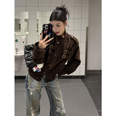 网图有货美式拼接设计麂皮绒外套男女宽松织带夹克A1046-P73，男装夹克，星座1505