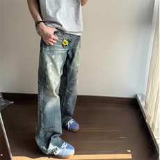 美式泼墨高街牛仔裤男复古水洗做旧休闲裤宽松长裤子L91511-P49，男装牛仔裤，星座1008