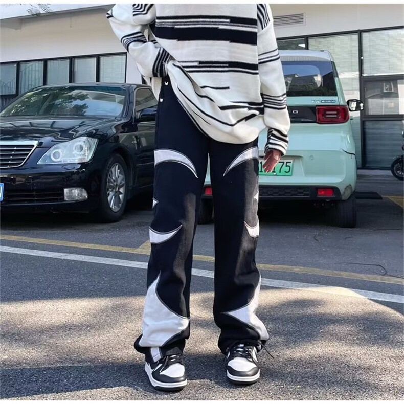 美式高街潮牌拼皮刺绣水洗牛仔裤男潮流宽松阔腿休闲裤KB95-P68,男装皮裤,星座1109-3