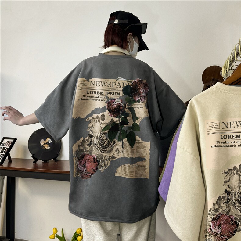 美式复古麂皮短袖阔版宽松街头高报纸玫瑰上衣XZ301B-JB4302-P28,男装T恤,星座301B