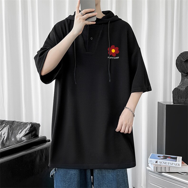 LD54257-P45 连帽短袖t恤男大码胖子带帽五分袖中袖图片