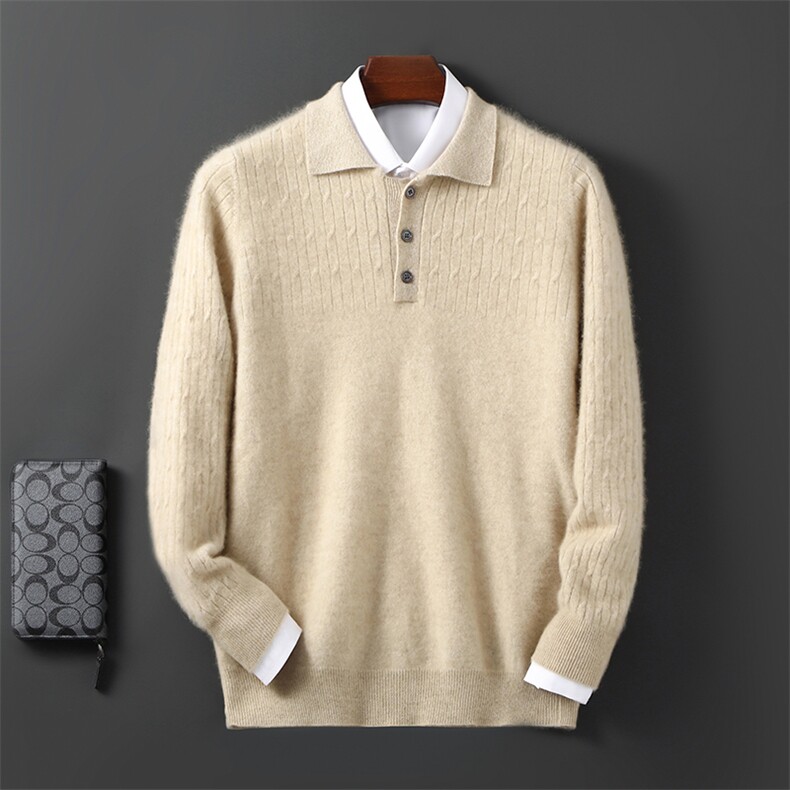 2025年秋季新款百搭男士半身扭花加厚保暖polo领羊毛衫，男装羊毛衫，邓利维