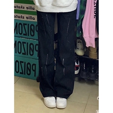 自家图，泼墨设计感牛仔裤男秋冬微喇叭cleanfit裤子-KZA36-P55，男装牛仔裤，星座1007（原301D）