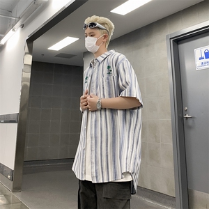 F324-P36 夏季新款百搭半袖衬衣外套日系潮牌条纹短袖衬衫男现货图片