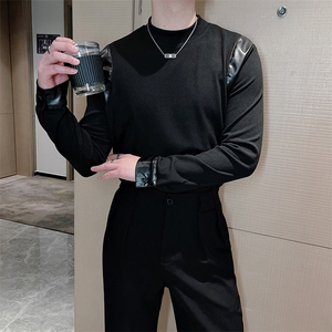 新款韩版修身男士立领拼接拼皮长袖T恤时尚打底衫潮流TX1215-P50图片
