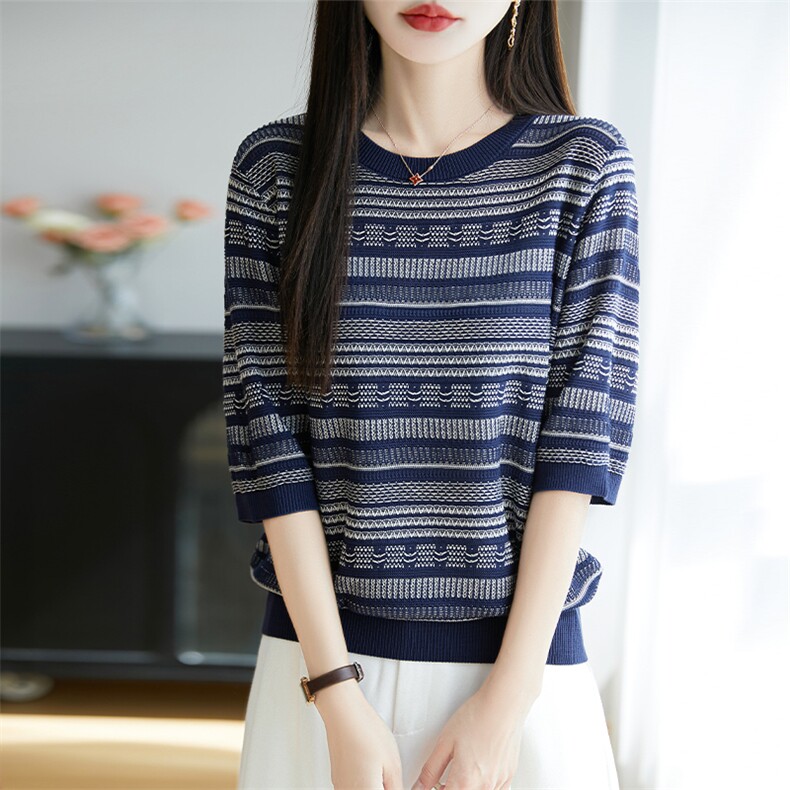 100莱赛尔天丝针织五分袖上衣女圆领拼色提花短袖T恤打底宽松半袖图片