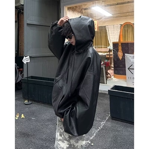 街客美式黑色廓形连帽皮衣外套男春秋短款百搭夹克机车服AK5/P80图片