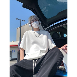 重磅美式设计感网格拼接透气短袖T恤男纯色圆领体恤T3647-特价P26图片