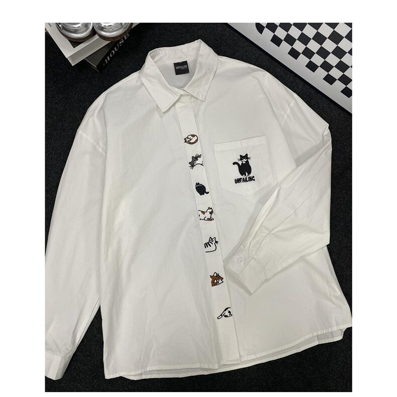 小猫刺绣长袖衬衫男女秋季学院风polo领百搭宽松衬衣CY1239-P35,男装衬衫,星座412-1