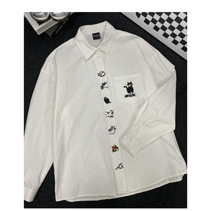 小猫刺绣长袖衬衫男女秋季学院风polo领百搭宽松衬衣CY1239-P35图片