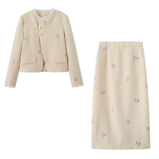 【bao款现货】2025秋装新款刺绣蝴蝶斜门襟套装长裙小香两件套，女装套装/套裙，雅静靓衣