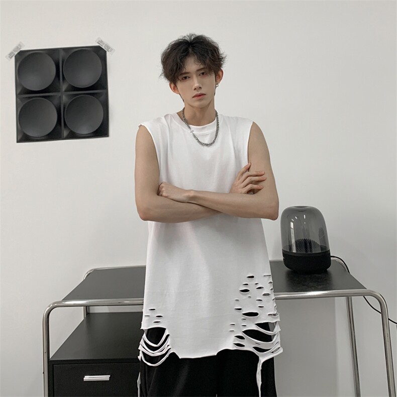 高街设计感坎肩上衣2024夏季新款破洞背心T恤男 现货 T1725-P24图片