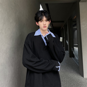 现货双色拼接翻领V学院风百搭休闲男T恤A071-3307-P55