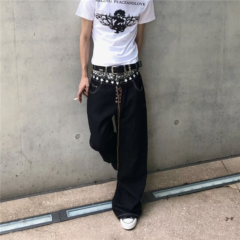 美式复古豹纹拼接双腰头牛仔裤男女秋季街头亚比假两件宽松弯刀裤,男装牛仔裤,星座516A