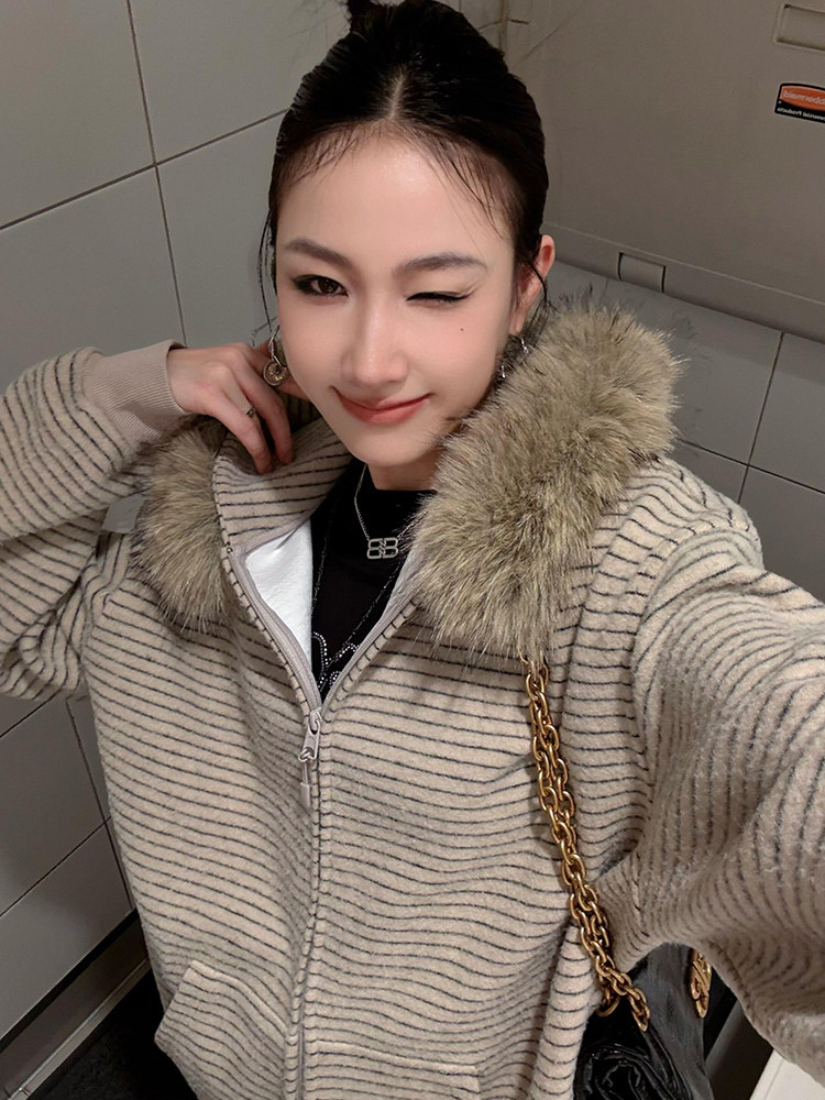 网图美式复古条纹毛领连帽卫衣外套女秋季休闲宽松开衫上衣特P79,女装短外套,电商C306-1