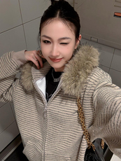 网图美式复古条纹毛领连帽卫衣外套女秋季休闲宽松开衫上衣特P79，女装短外套，电商C306-1
