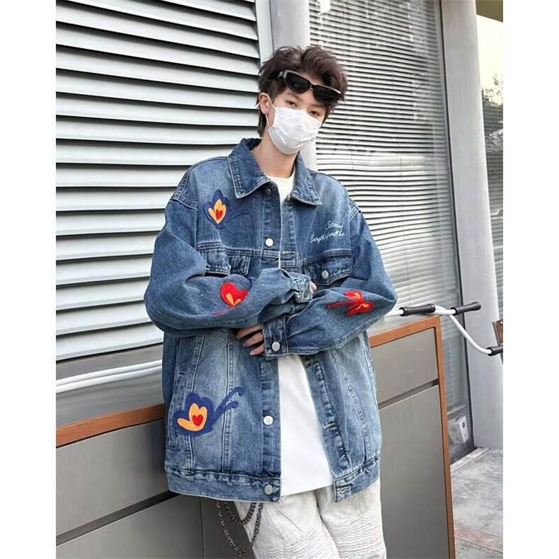 W513-P78美式复古重工蝴蝶刺绣牛仔外套男女春秋季百搭休闲夹克,男装工装外套,星座911-1