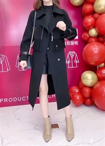 2021秋冬新款简约大方翻领拼流苏气质一粒暗扣长款百分百羊毛图片