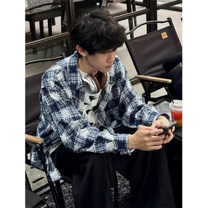 刮烂流苏格子长袖衬衫男女春季风慵懒复古翻领衬衣外套CE12,格子调衣服搭配图片