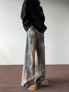 水洗做旧牛仔裤男士2024春季美式高街复古宽松垂感废土风拖地裤子图片