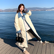 设计感白色菱格长款羽绒服女冬2024新款加厚牛仔假两件白鸭绒外套，女装羽绒服，2C269