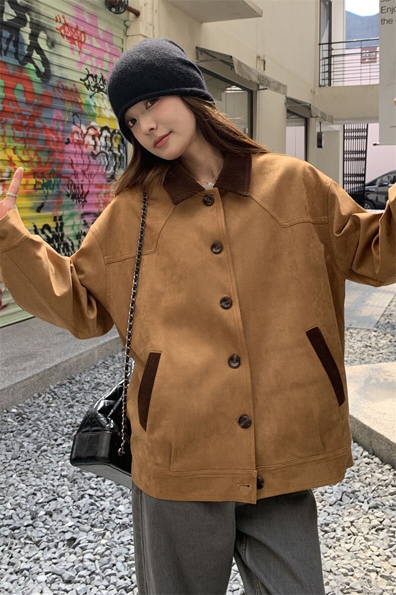 复古拼色翻领麂皮绒外套女2025秋季新款美式宽松百搭小个子夹克潮,女装短外套,慧峰