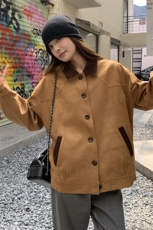 复古拼色翻领麂皮绒外套女2025秋季新款美式宽松百搭小个子夹克潮，女装短外套，慧峰