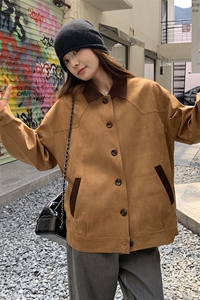 复古拼色翻领麂皮绒外套女2025秋季新款美式宽松百搭小个子夹克潮图片
