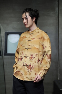 新中式春夏新品{敦煌壁画}数码印花风立领长袖唐装衬衫31219图片